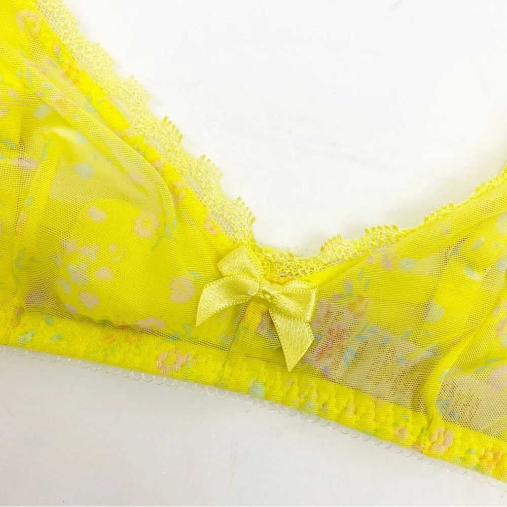 Savage X Fenty Ditsy Floral Limelight Unlined Mesh Lace Bralette Yellow Pink